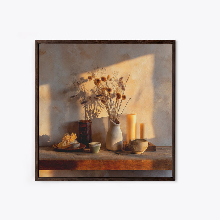 Rustic Dried Flower Still Life With Candles Wall Art, Neutral Wabi Sabi Decor, Farmhouse Shelf Fine Art Print, Warm Earth Tone Home Decor