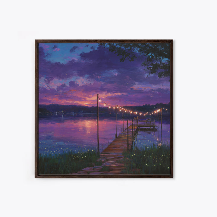 Magical Lakeside Dock At Twilight Wall Art, Firefly Lake Sunset Painting, Calming Landscape Canvas Print Home Decor
