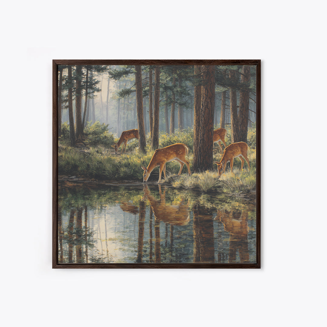 Deer Drinking At Forest Lake Wall Art, Peaceful Wildlife Landscape Canvas Print, Rustic Cabin Decor, Nature Inspired Living Room Art