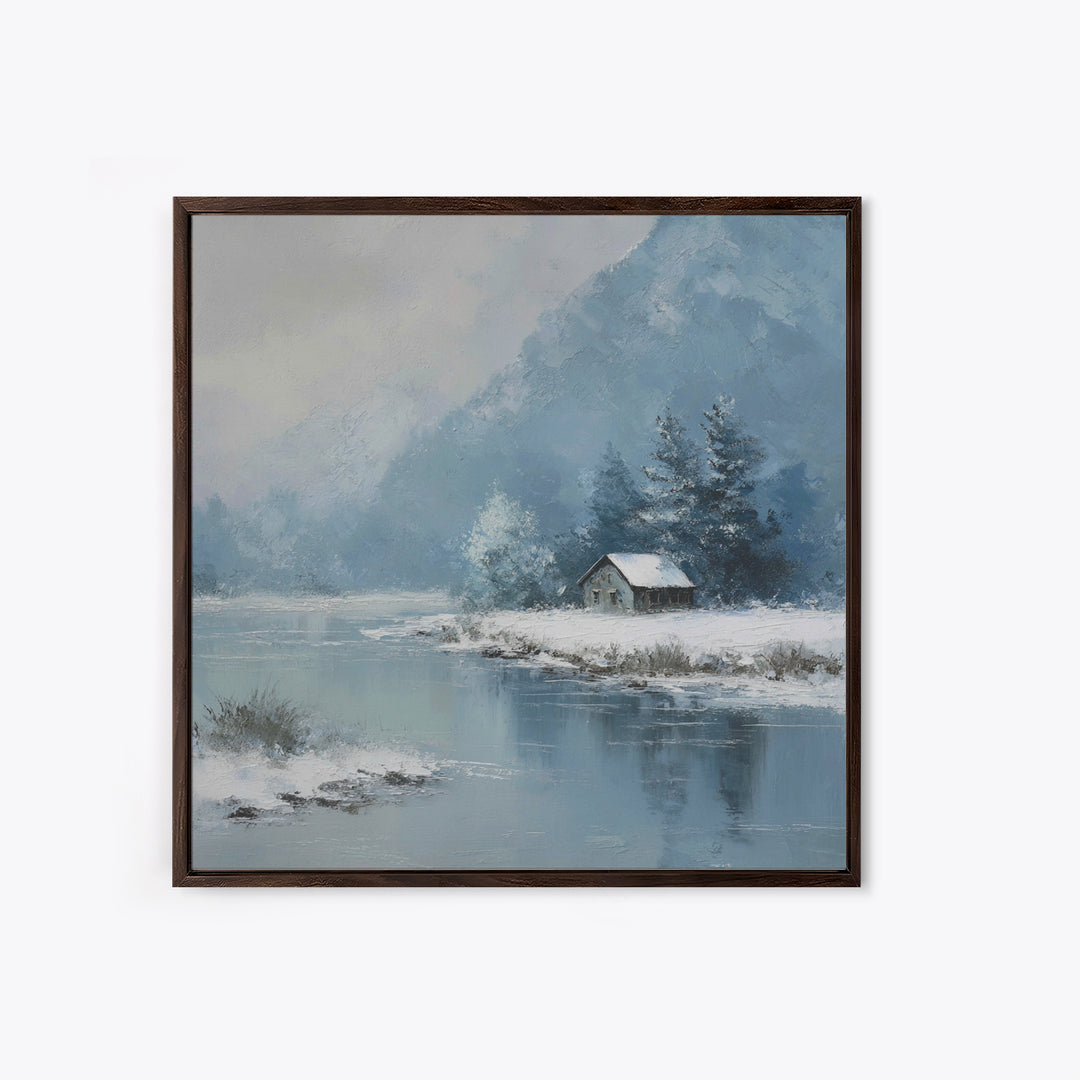 Winter Cabin By Lake Wall Art, Snowy Mountain Landscape Canvas Print, Cozy Rustic Home Decor For Living Room Or Cabin