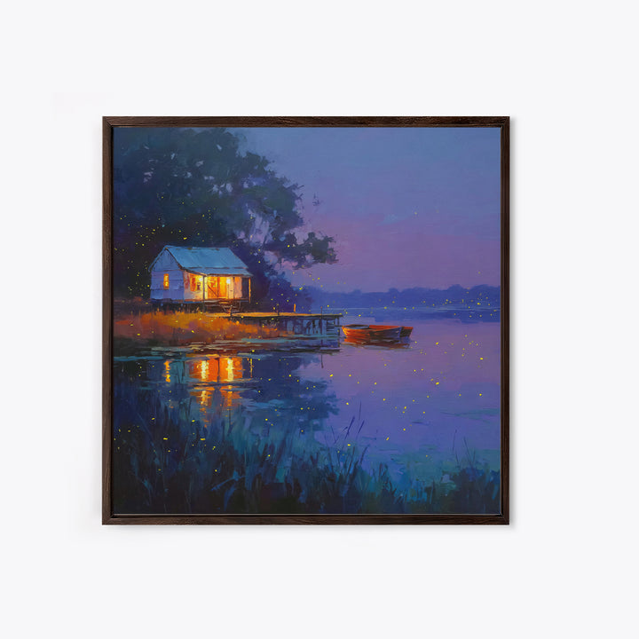 Cozy Lake Cabin At Dusk Framed Canvas Print, Fireflies Over Water Landscape Art, Rustic Wall Art For Cottage Or Living Room