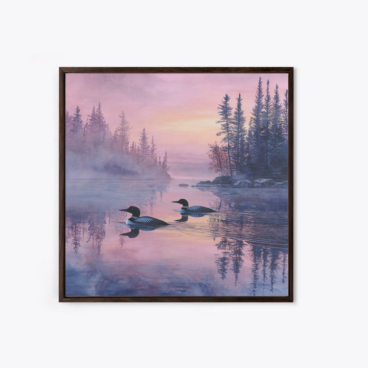 Misty Loon Lake Sunrise Wall Art, Tranquil Forest Landscape Canvas Print, Serene Cabin Decor, Peaceful Lake House Bedroom Art