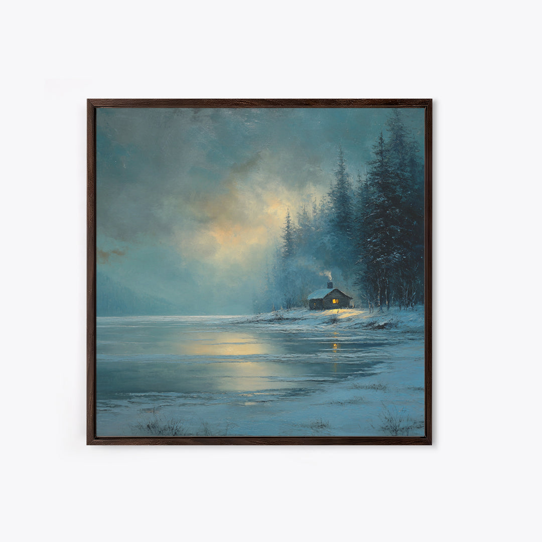 Cozy Winter Cabin By Frozen Lake Wall Art, Snowy Forest Landscape Framed Canvas Print, Rustic Cabin Decor, Calming Artwork