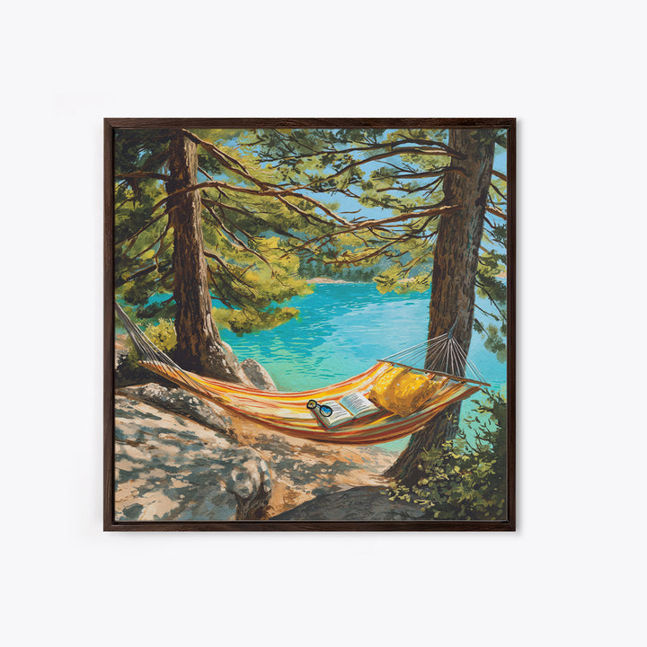 Hammock By Turquoise Lake Wall Art, Cozy Reading Nook In Pines Painting Print, Summer Cabin Home Decor Framed Canvas Print