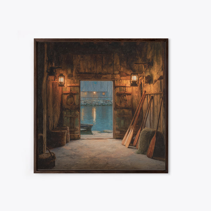 Warm Boat House Interior With Lanterns At Dusk Wall Art, Rustic Nautical Home Decor, Coastal Lake Framed Canvas Print