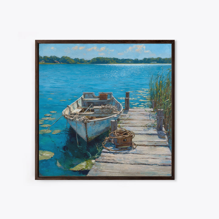 Serene Rowboat Lake Landscape Wall Art For Beach House Decor, Coastal Seascape Canvas Print, Nautical Living Room Artwork