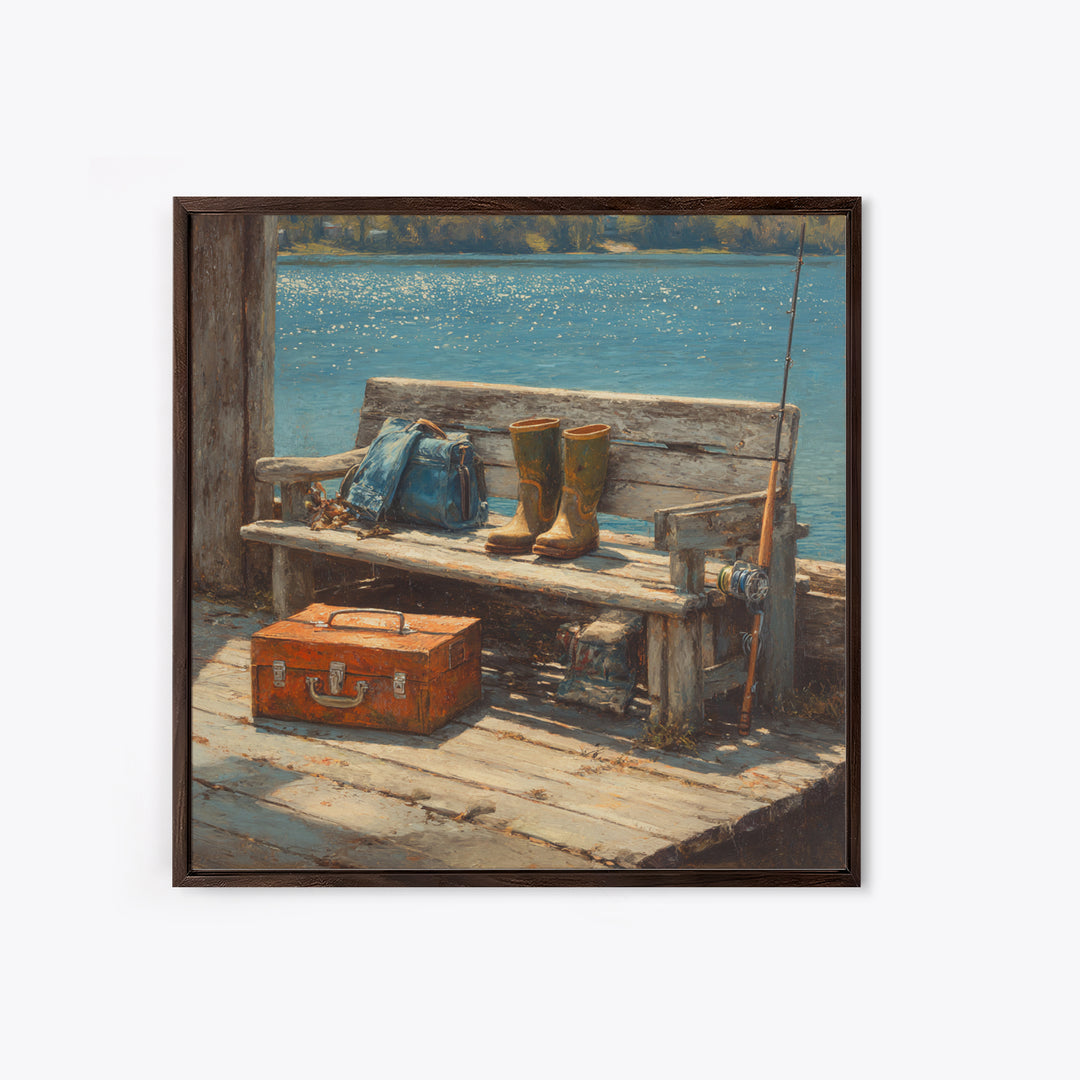Rustic Fishing Dock Bench Wall Art, Lake Cabin Waterfront Canvas Print, Coastal Country Home Decor