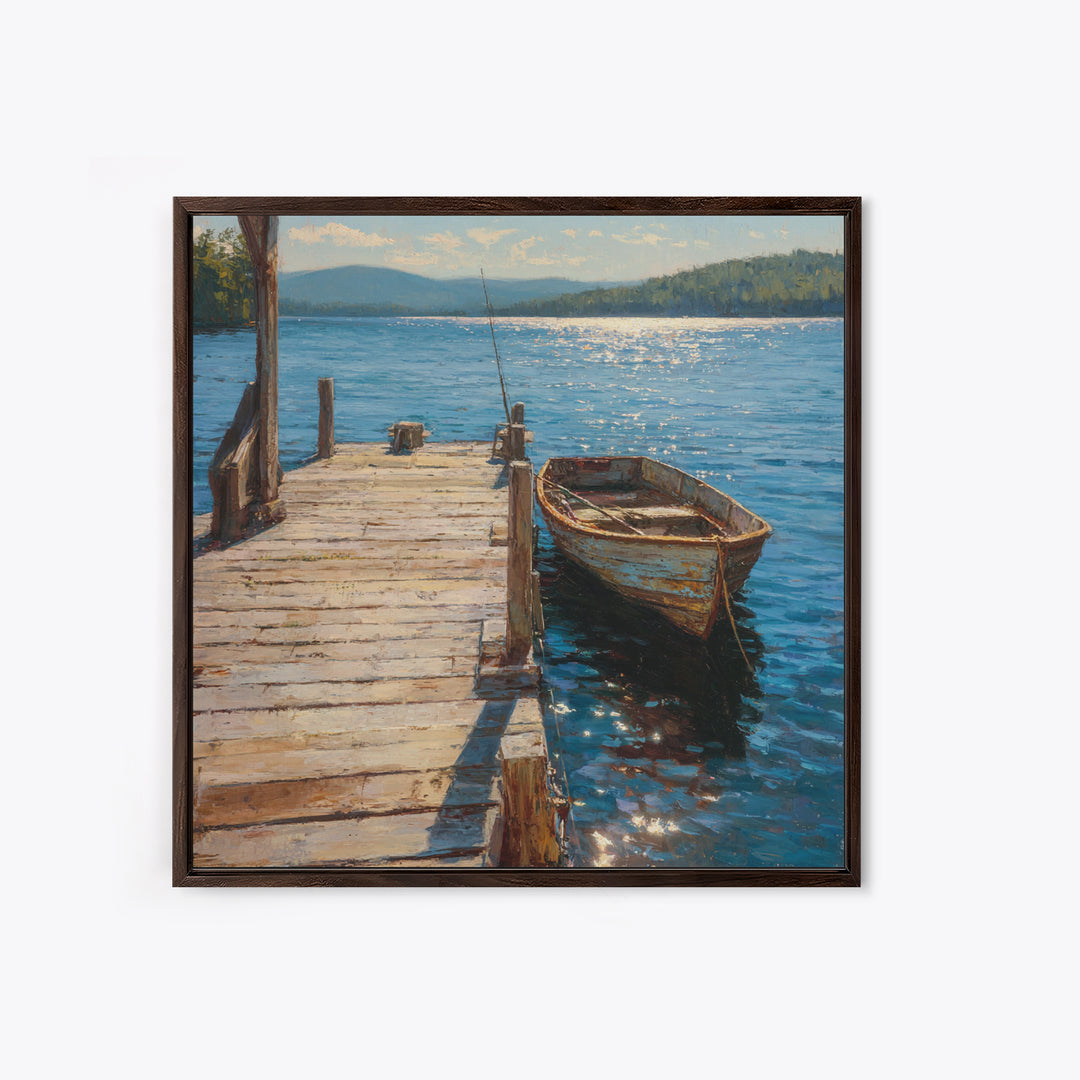 Rowboat On Lake Wall Art, Peaceful Lakeside Landscape Print, Rustic Cabin Decor, Serene Nature Lake Wall Art