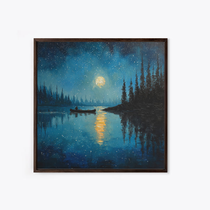 Moonlit Lake Canoe Night Landscape Wall Art, Starry Sky Reflection Print, Calming Nature Decor For Bedroom Wall Art