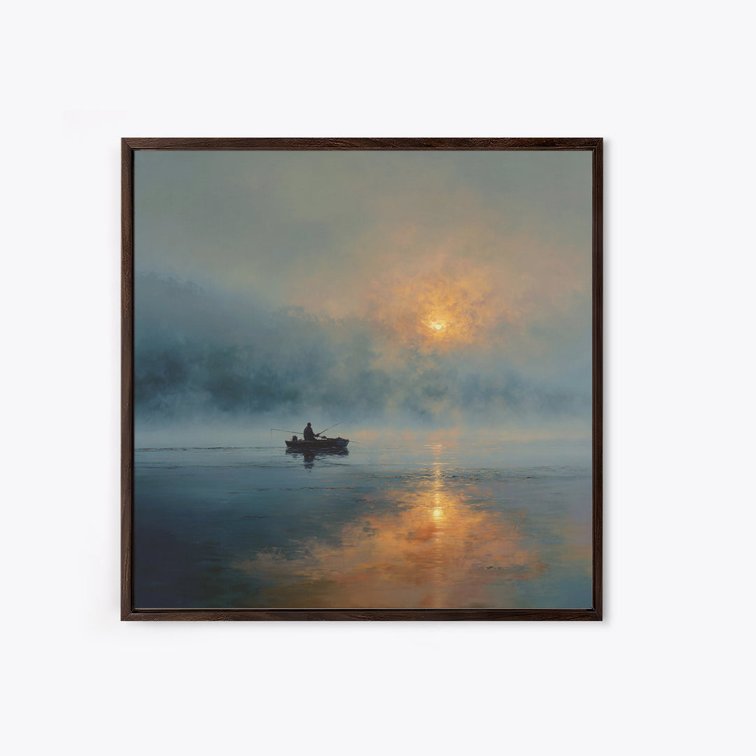 Misty Lake Sunrise Fisher In Boat Landscape Wall Art, Calming Nature Canvas Print, Modern Home Decor Living Room Art