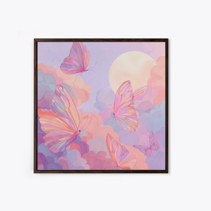 Pastel Pink Butterflies Moon Wall Art, Dreamy Celestial Canvas Print, Coquette Nursery Decor, Whimsical Bedroom Art Gift For Her