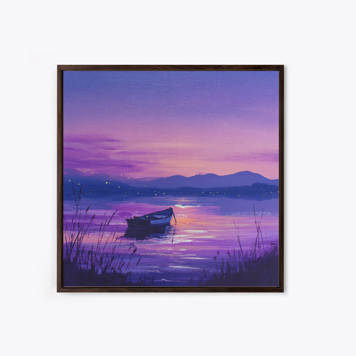 Purple Twilight Lake Boat Wall Art, Serene Sunset Landscape Canvas Print For Living Room Decor, Calming Modern Home Decor