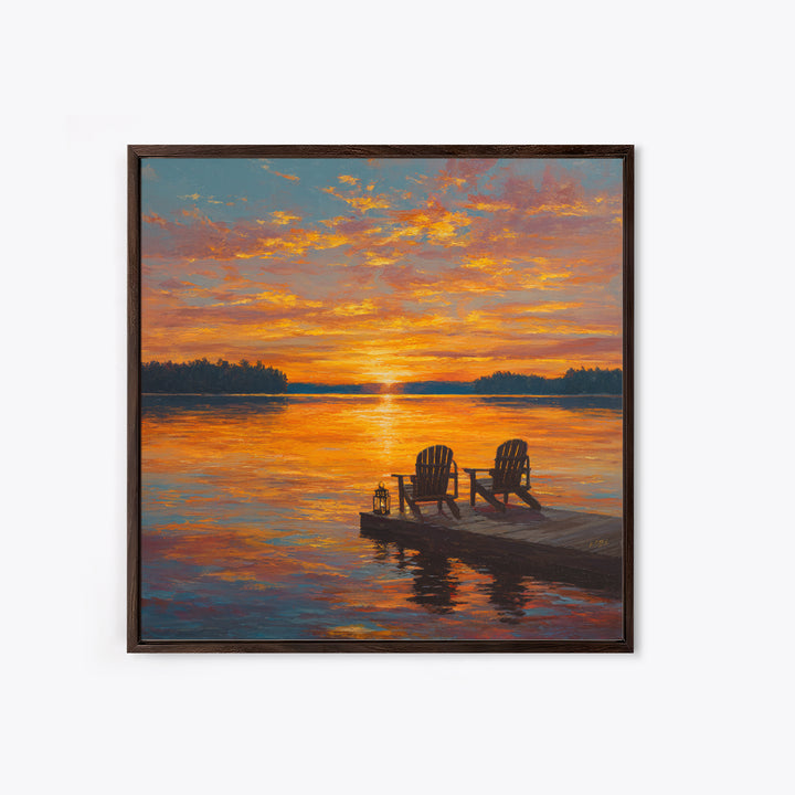 Lakeside Sunset With Adirondack Chairs Painting Wall Art, Romantic Lake Landscape Print, Cozy Cabin Summer Home Decor