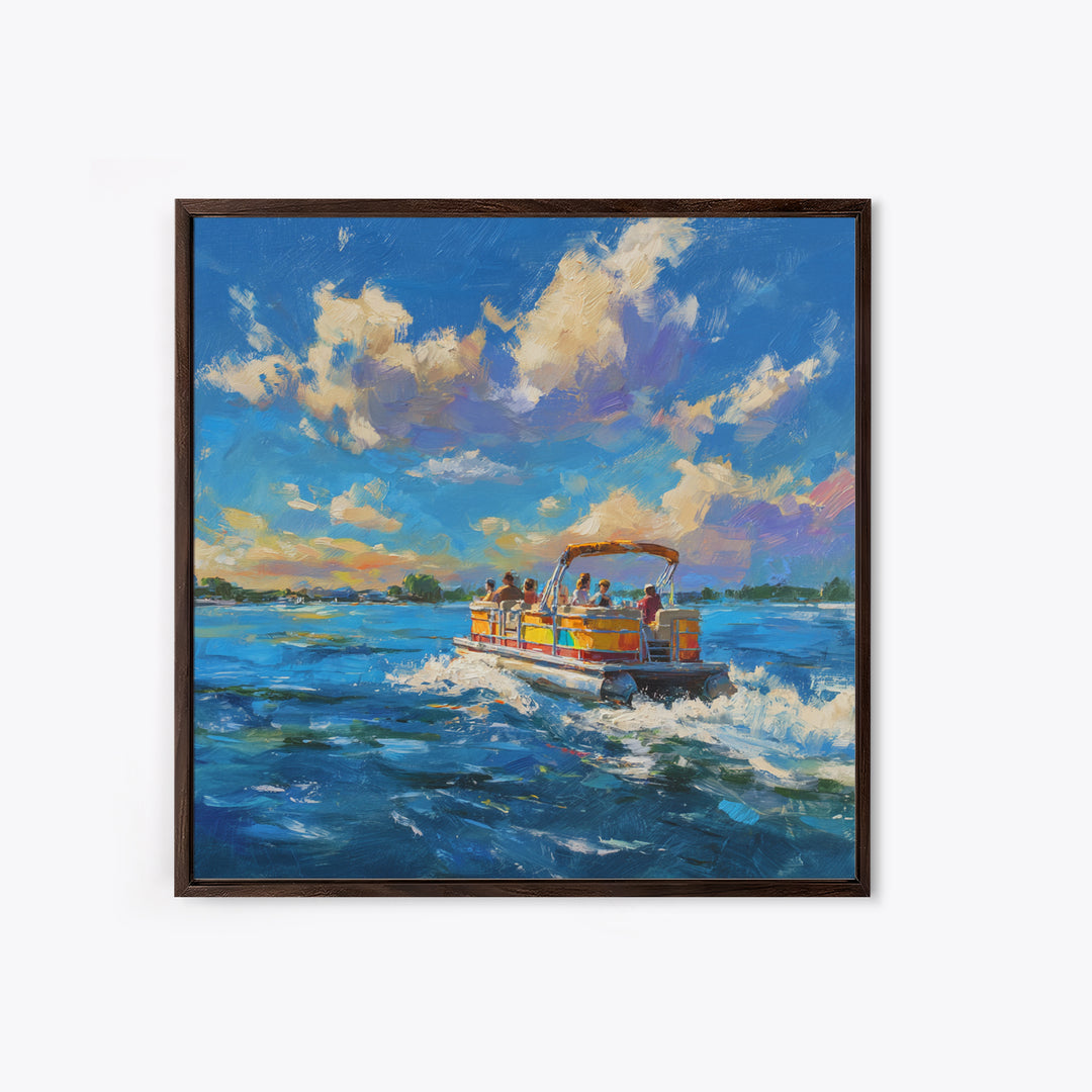 Sunny Boat Day Lake Oil Painting Wall Art, Colorful Coastal Art Print, Nautical Home Decor, Beach House Living Room Wall Art