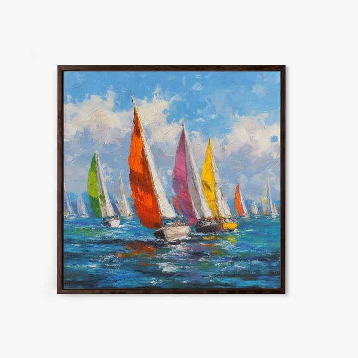 Colorful Sailboats Seascape Oil Painting Wall Art, Coastal Abstract Ocean Canvas Print, Beach House Decor Modern Nautical Art