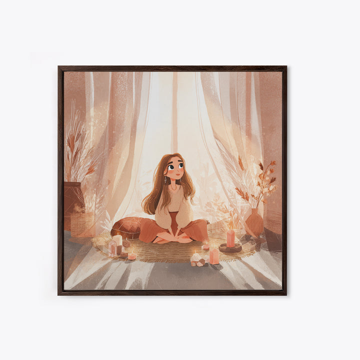 Cozy Meditation Girl With Candles Wall Art, Boho Spiritual Yoga Room Decor, Mindfulness Print, Peaceful Home Decor, Gift For Her