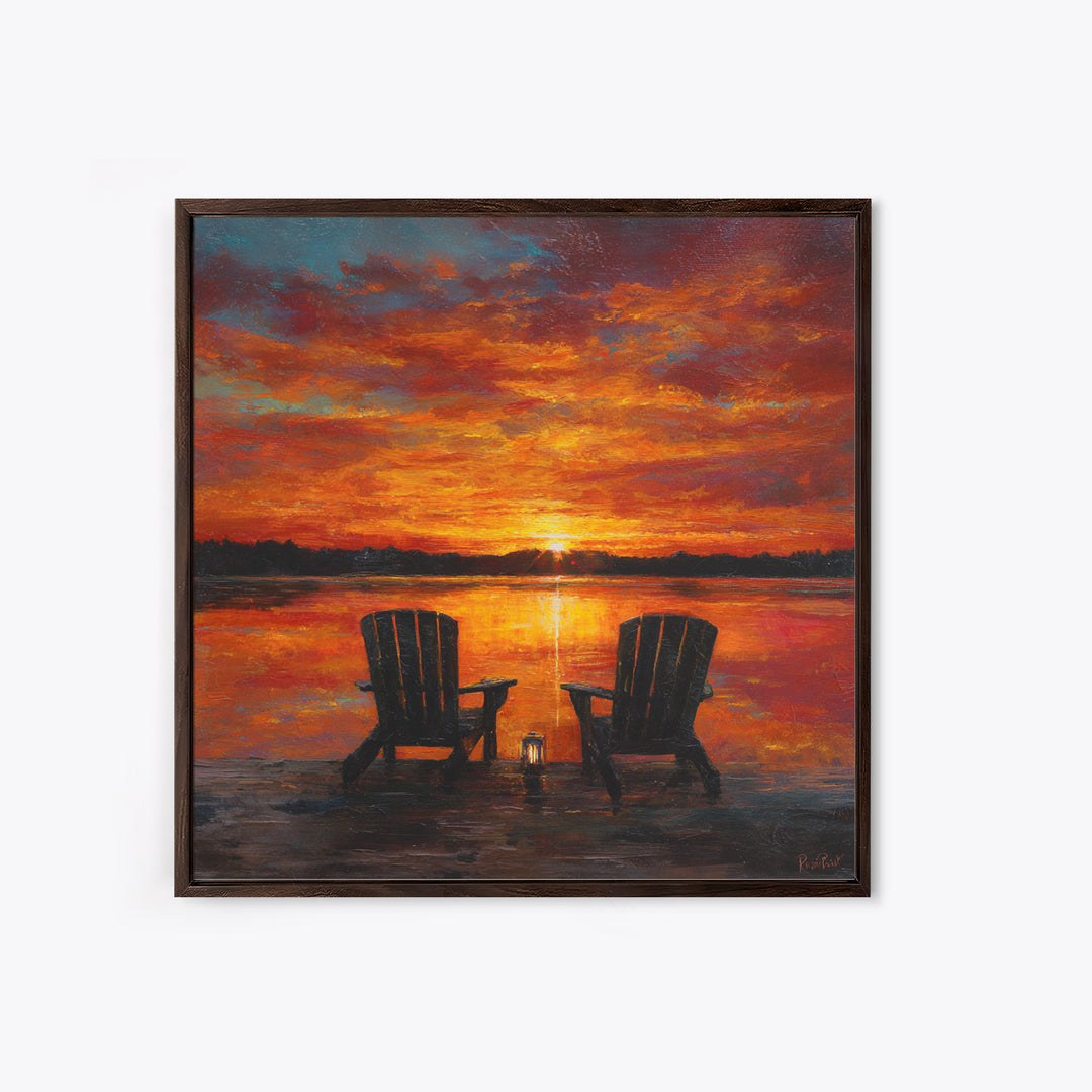 Romantic Lake Sunset Chairs Wall Art For Living Room Decor, Cozy Sunset Painting Canvas Print, Peaceful Landscape Art
