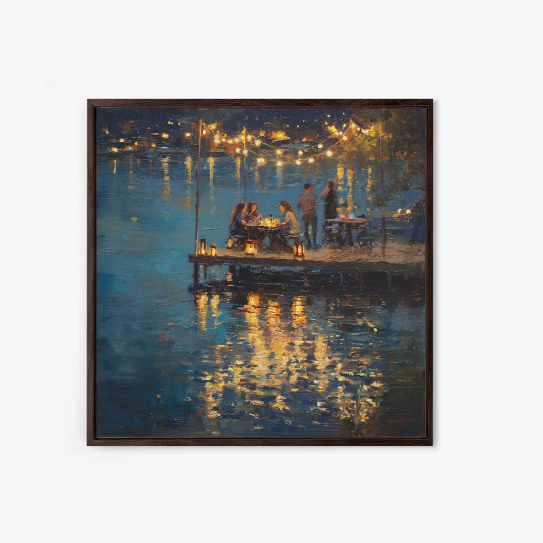 Romantic Lakeside Dinner Painting Wall Art, Warm Night Dock Scene Framed Canvas Print, Cozy Living Room And Dining Decor