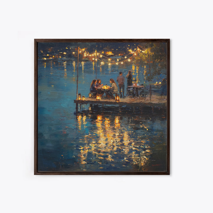 Romantic Lakeside Dinner Painting Wall Art, Warm Night Dock Scene Framed Canvas Print, Cozy Living Room And Dining Decor