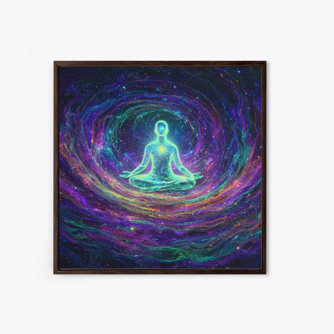 Glowing Figure Meditating In Cosmic Swirl Wall Art, Psychedelic Galaxy Canvas Print, Spiritual Mystical Home Decor