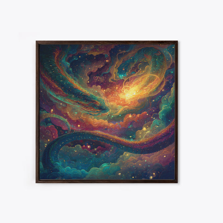 Cosmic Dragon And Phoenix Fantasy Wall Art, Colorful Celestial Galaxy Framed Canvas Print, Mystical Surreal Home Decor