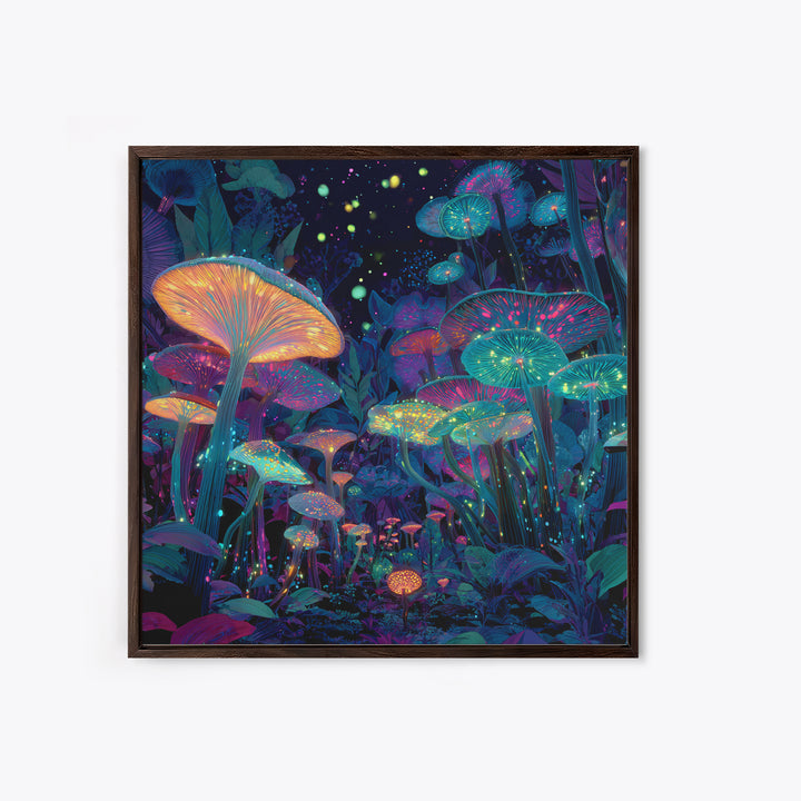 Glowing Mushrooms Fantasy Forest Wall Art, Whimsical Night Garden Painting, Colorful Nature Art Print, Magical Canvas Print