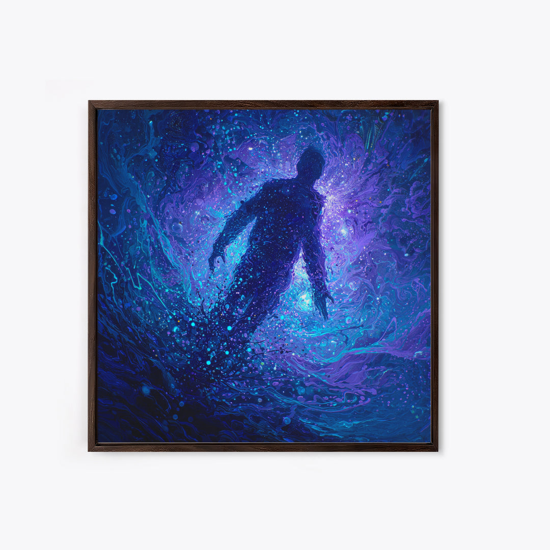 Surreal Figure Floating In Cosmic Blue Swirl Canvas Print, Abstract Space Art, Mystical Wall Art For Modern Living Room Decor