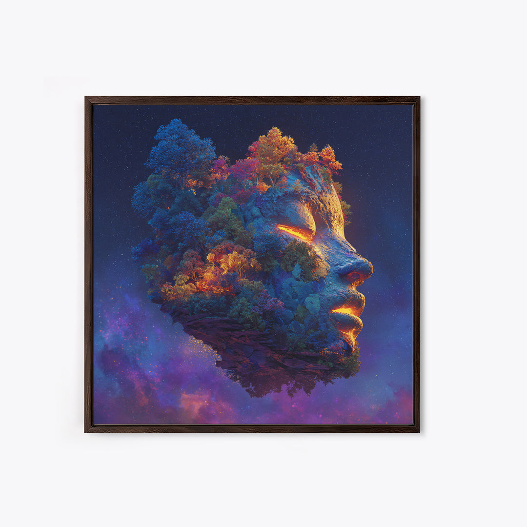 Cosmic Mother Earth Face Wall Art, Fantasy Floating Island Landscape Canvas Print, Vibrant Galaxy Home Decor