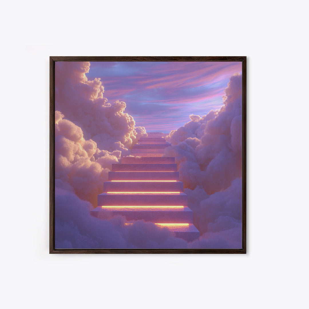 Glowing Stairway Through Pastel Clouds Wall Art, Dreamy Celestial Canvas Print, Calming Bedroom Decor For Nursery And Meditation Room
