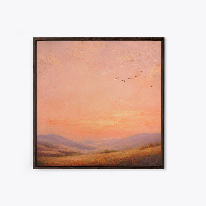 Peach Sunset Valley Landscape Wall Art, Textured Oil Painting Print, Warm Nature Decor, Large Living Room Canvas Wall Decor