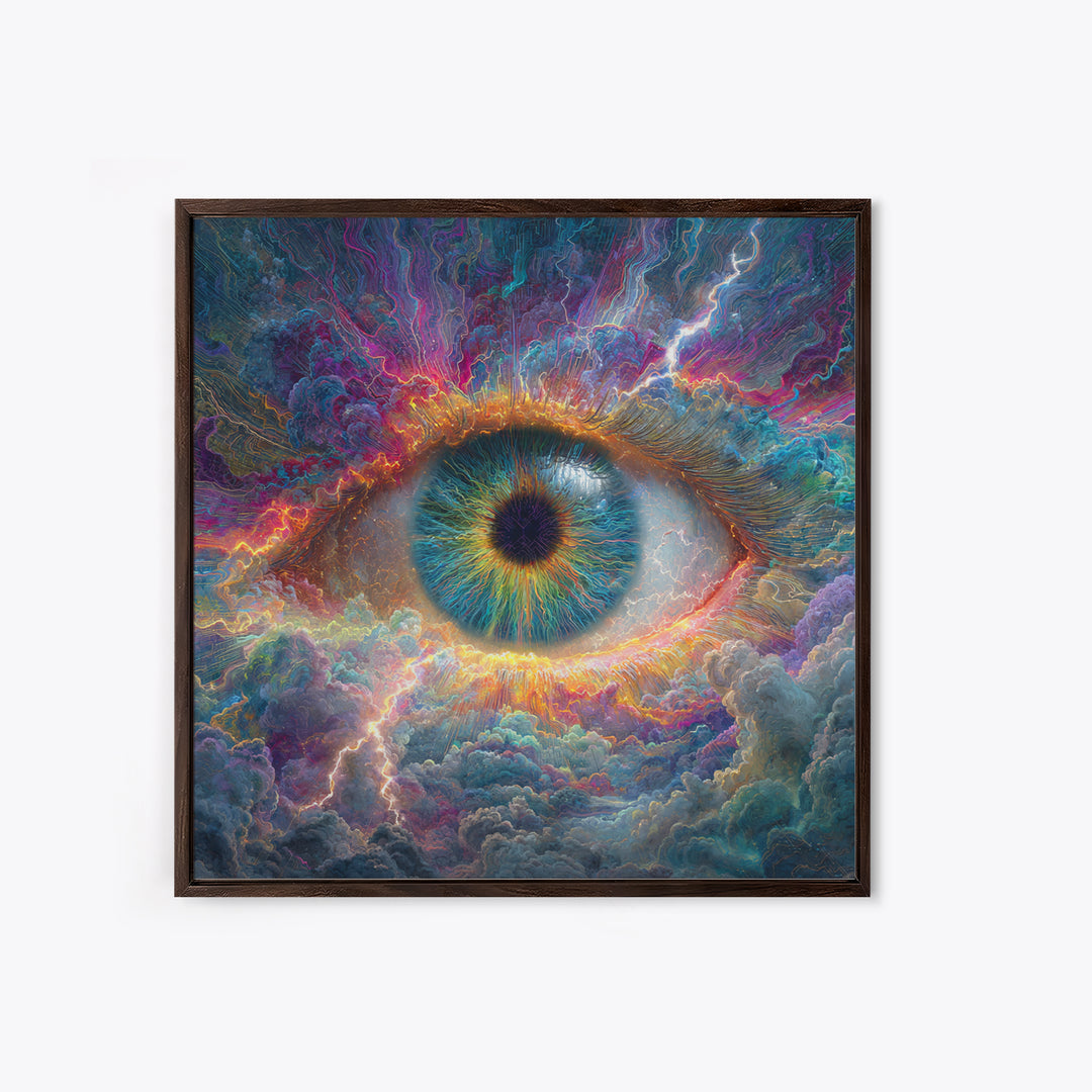 Cosmic Eye In Storm Clouds Framed Canvas Print, Surreal Celestial Wall Art, Psychedelic Visionary Decor For Office And Living Room