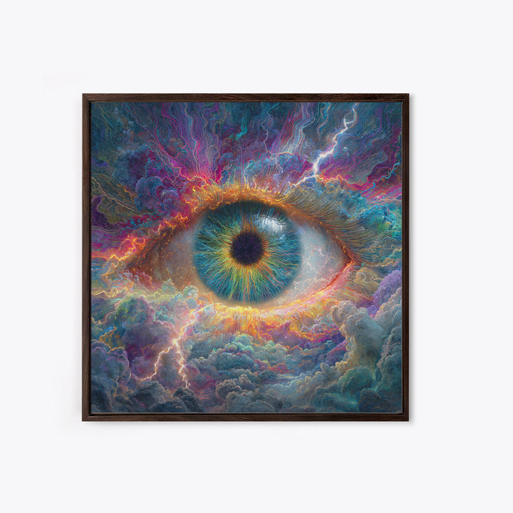 Cosmic Eye In Storm Clouds Framed Canvas Print, Surreal Celestial Wall Art, Psychedelic Visionary Decor For Office And Living Room