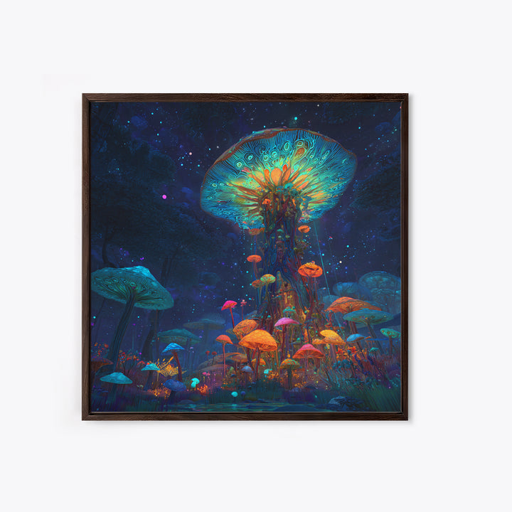 Enchanted Bioluminescent Mushroom Forest Wall Art, Vibrant Fantasy Landscape Canvas Print, Whimsical Nature Home Decor