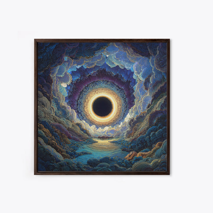 Mystic Solar Eclipse Over Blue Valley Framed Canvas Print, Celestial Landscape Wall Art, Moody Fantasy Home Decor For Bedroom