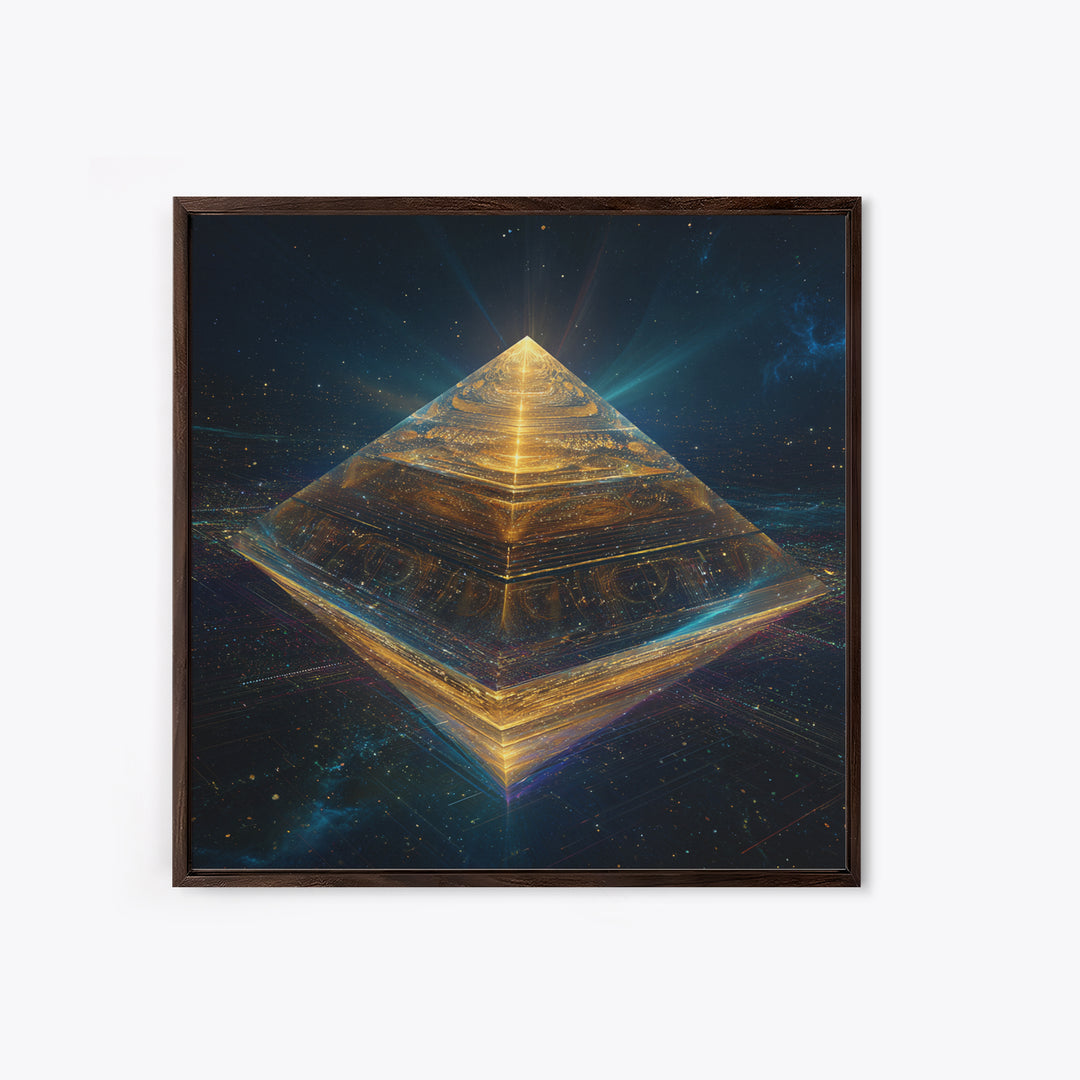Golden Futuristic Pyramid In Galaxy Surreal Space Wall Art, Cosmic Sci Fi Home Decor, Modern Canvas Print