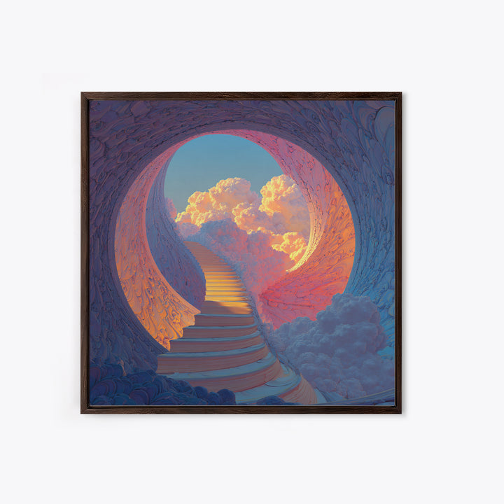 Heavenly Stairway To Clouds Wall Art, Dreamy Fantasy Landscape Canvas Print, Calming Surreal Art For Bedroom Decor