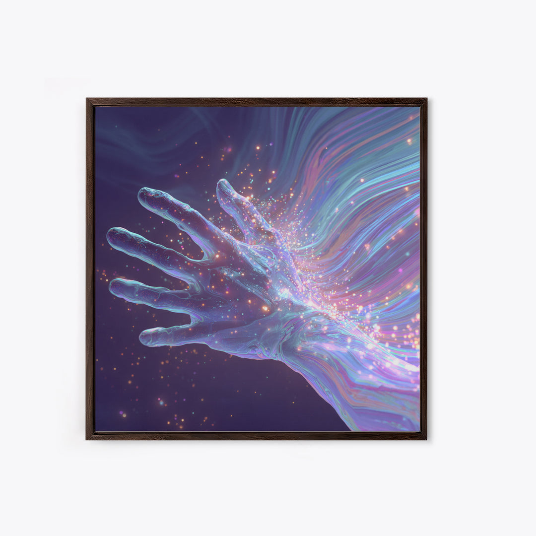 Iridescent Hand With Sparkles Surreal Wall Art, Futuristic Abstract Canvas Print For Modern Office Decor And Gamer Room