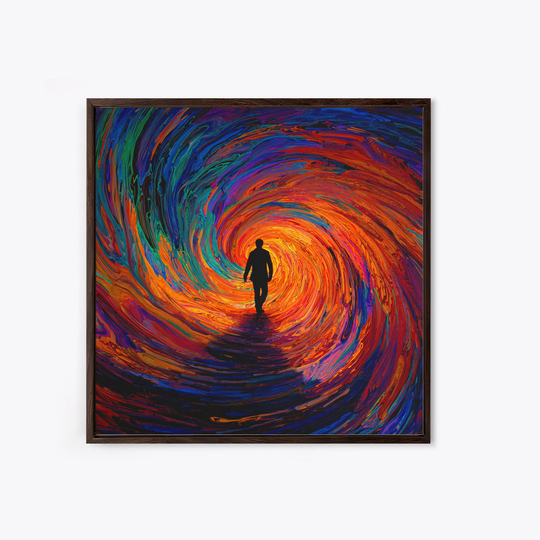 Man Walking Into Vortex Abstract Wall Art, Colorful Surreal Tunnel Painting, Modern Abstract Art Print, Statement Canvas Print