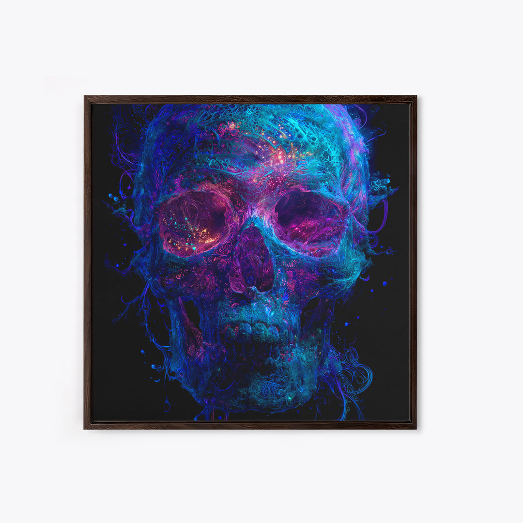 Neon Cosmic Skull Wall Art, Psychedelic Galaxy Bones Canvas Print, Dark Surreal Abstract Art For Gaming Room Or Modern Home Decor
