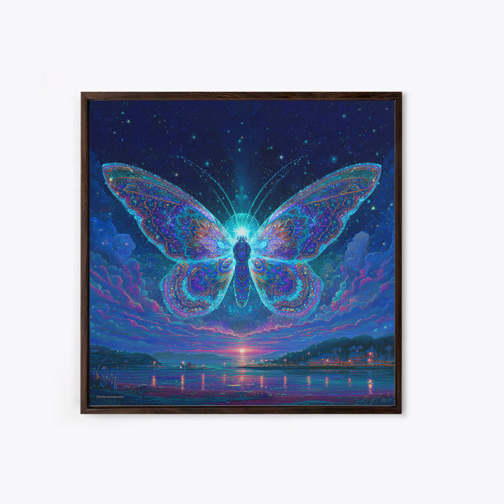 Cosmic Butterfly Over Water Wall Art, Psychedelic Celestial Canvas Print, Fantasy Night Sky Home Decor