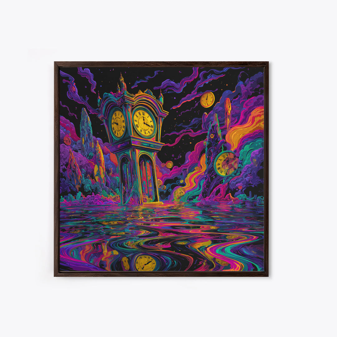 Surreal Neon Clock Dreamscape Wall Art, Psychedelic Abstract Landscape Canvas Print, Colorful Trippy Home Decor