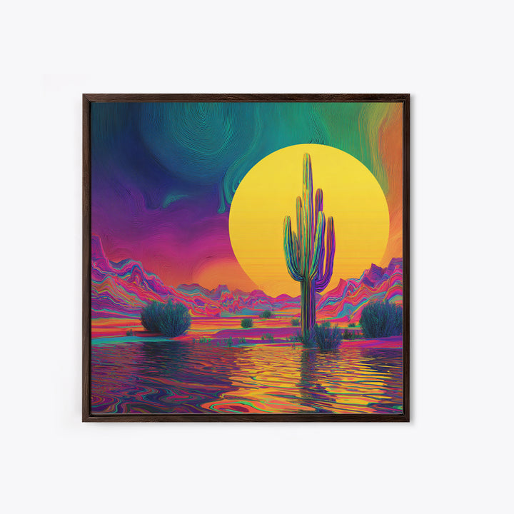 Psychedelic Desert Cactus Wall Art, Vibrant Sunset Landscape Canvas Print, Colorful Boho Western Home Decor