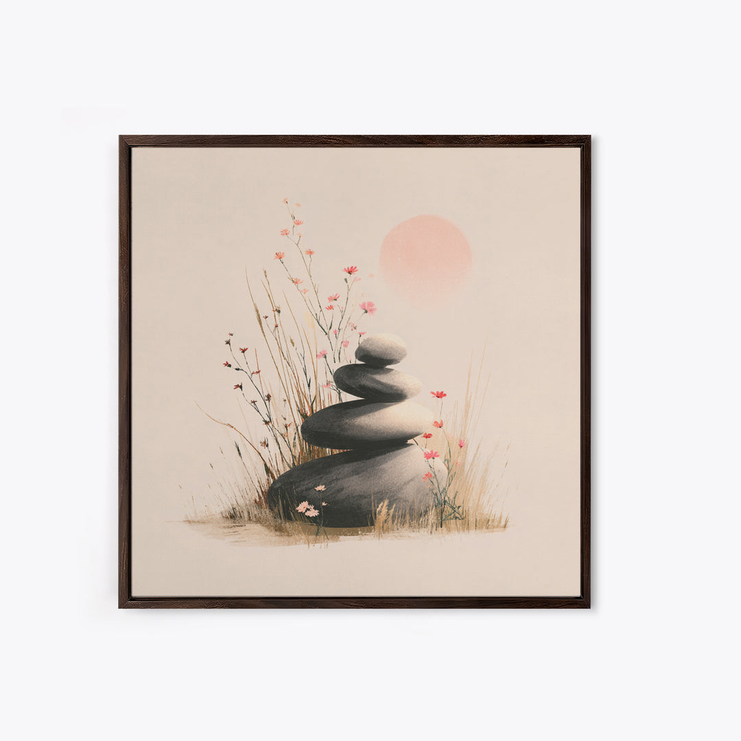 Zen Stacked Stones And Wildflowers Wall Art, Minimalist Meditation Canvas Print, Japandi Spa Decor, Calming Gift For Her