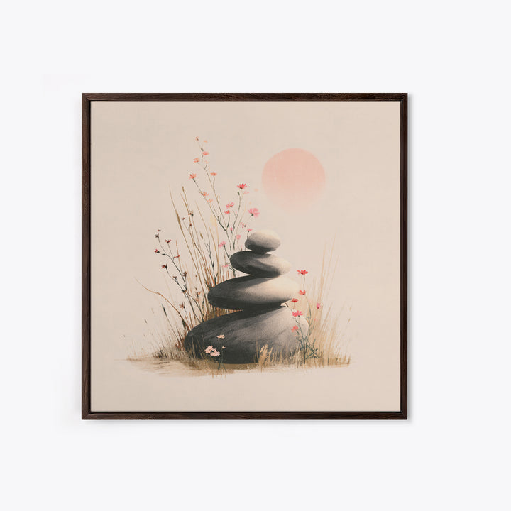 Zen Stacked Stones And Wildflowers Wall Art, Minimalist Meditation Canvas Print, Japandi Spa Decor, Calming Gift For Her