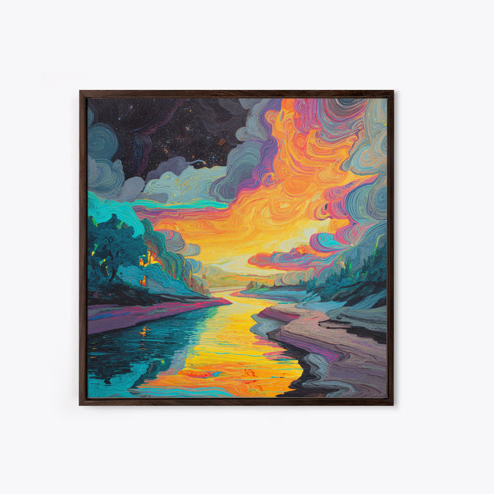 Psychedelic River Sunset Wall Art, Colorful Abstract Landscape Painting, Modern Boho Home Decor, Living Room Canvas Print