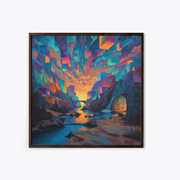 Surreal Canyon With Floating Cubes Canvas Print, Colorful Abstract Landscape Wall Art, Fantasy Home Decor, Modern Art Gift