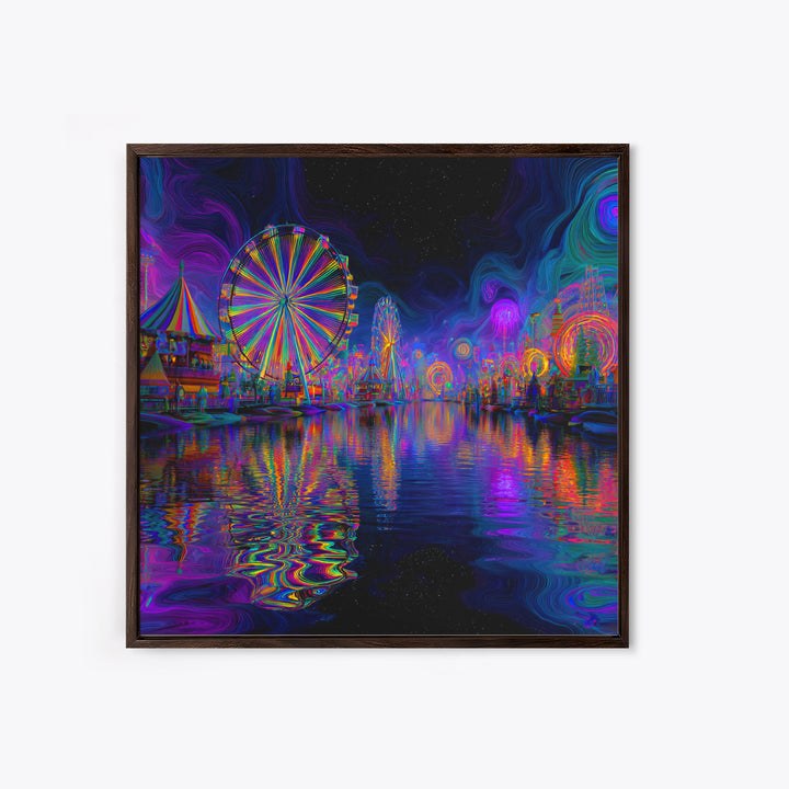 Neon Carnival At Night Abstract Wall Art, Psychedelic Ferris Wheel Canvas Print, Colorful Dopamine Decor Gaming Room Art