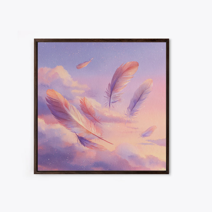 Floating Pink Feathers Wall Art, Dreamy Celestial Canvas Print, Pastel Cloud Decor, Whimsical Nursery Bedroom Gift For Her