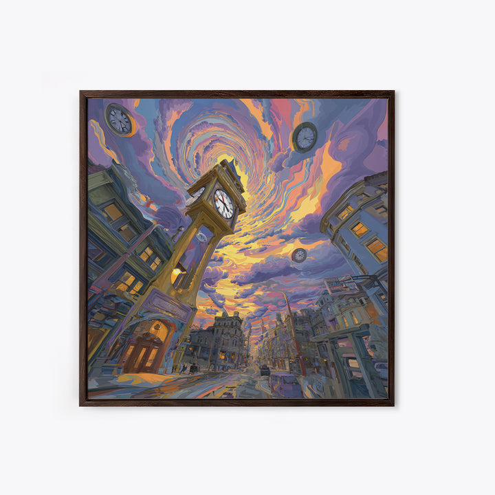 Surreal Cityscape With Clock Tower And Swirling Sky At Sunset Wall Art Framed Canvas Print For Home Decor