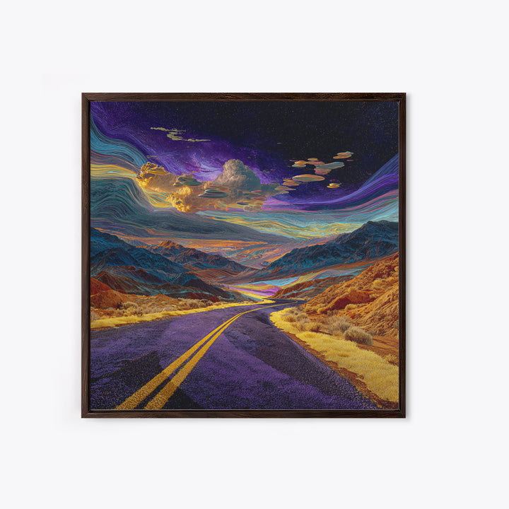 Cosmic Desert Highway Under Swirling Galaxy Sky Wall Art, Surreal Colorful Landscape Canvas Print, Modern Decor